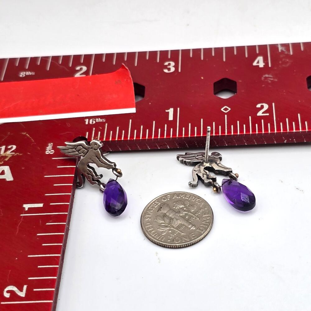 Earrings Art Deco Amethyst Monkey Cat ? Wings Sterling Small Vintage Studs S3156 - Picture 8 of 9